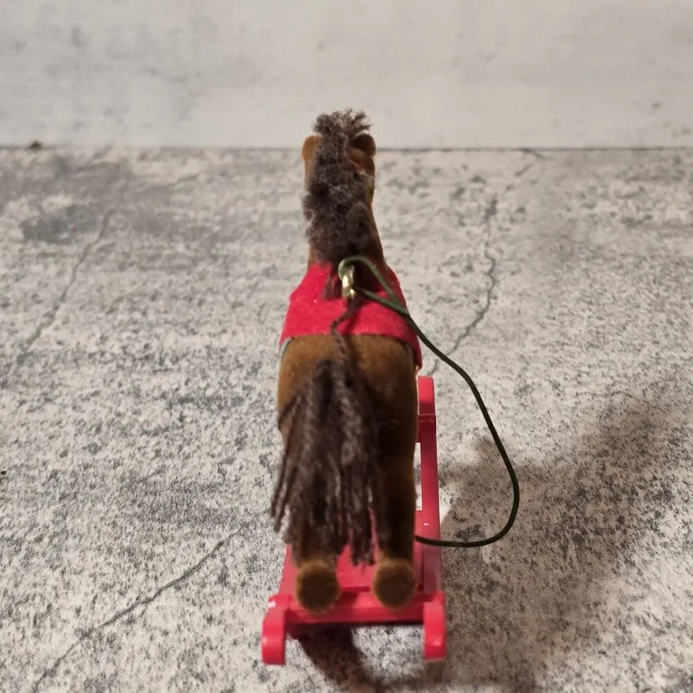Vintage Flocked Dept 56 Red Rocking Brown Horse Yarn Hair Christmas Ornament